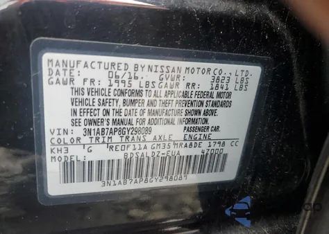 2016 Nissan Sentra S z USA, uszkodzony, nr VIN 3N1AB7AP8GY298089